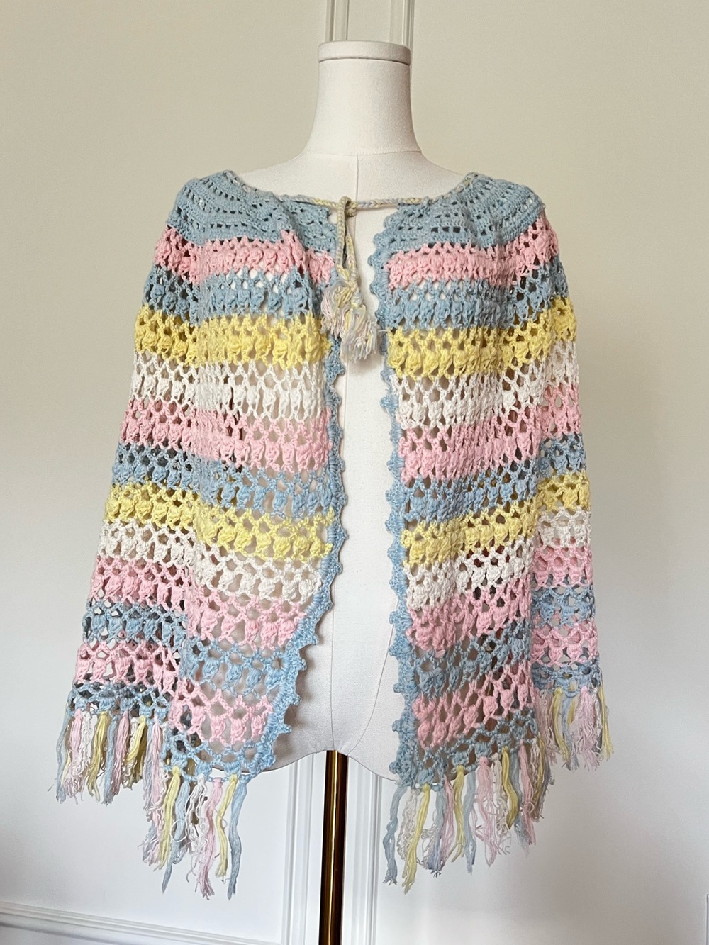Vintage 70s Handmade Pastel Crochet Fringe Poncho Cape Striped Boho Shawl